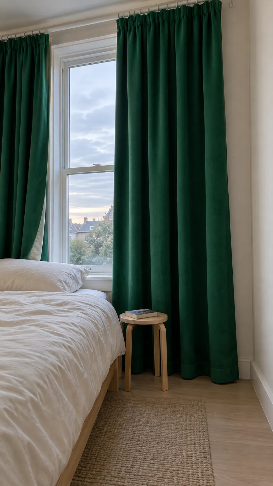 Emerald curtains beside a simple bed with pale bedding