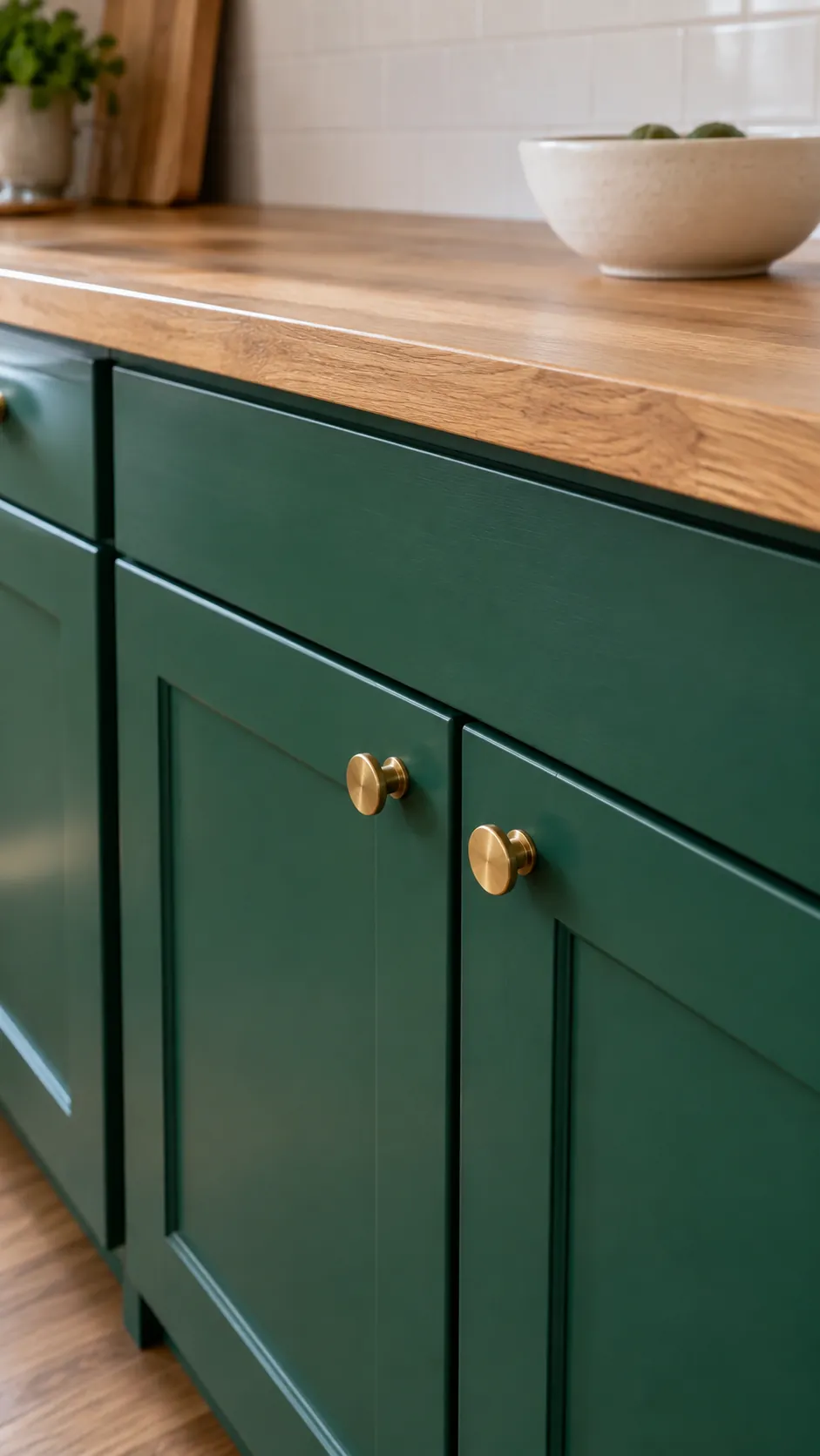 Small brass handles on emerald green cabinetry beside a timber surface