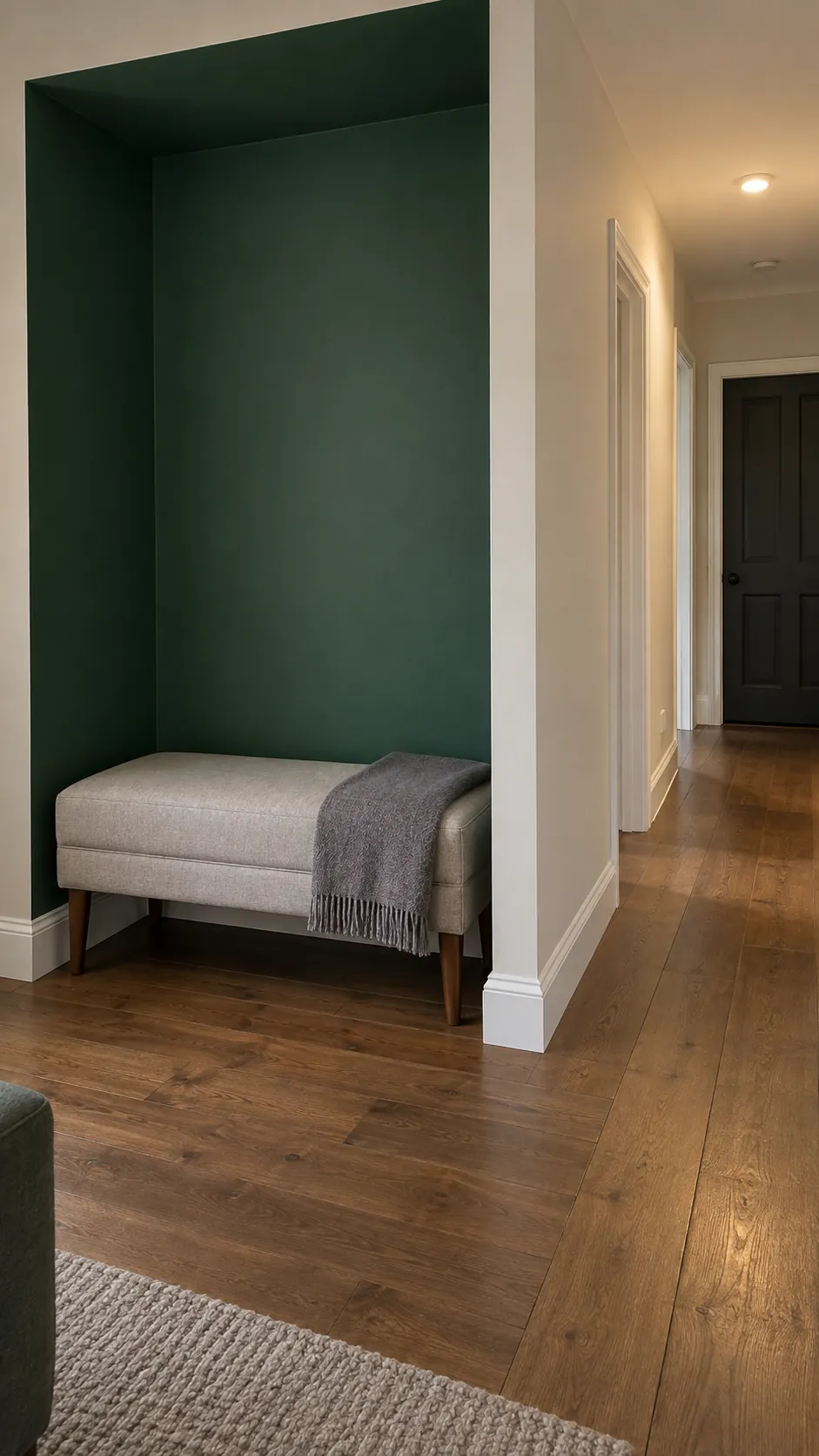 Emerald painted alcove with a clear boundary beside a neutral hallway