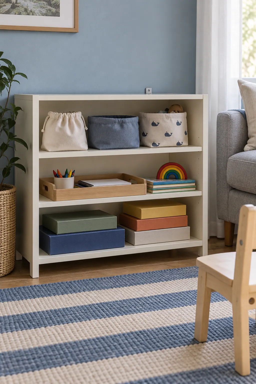 Low activity shelf with heavier games below and light supplies above