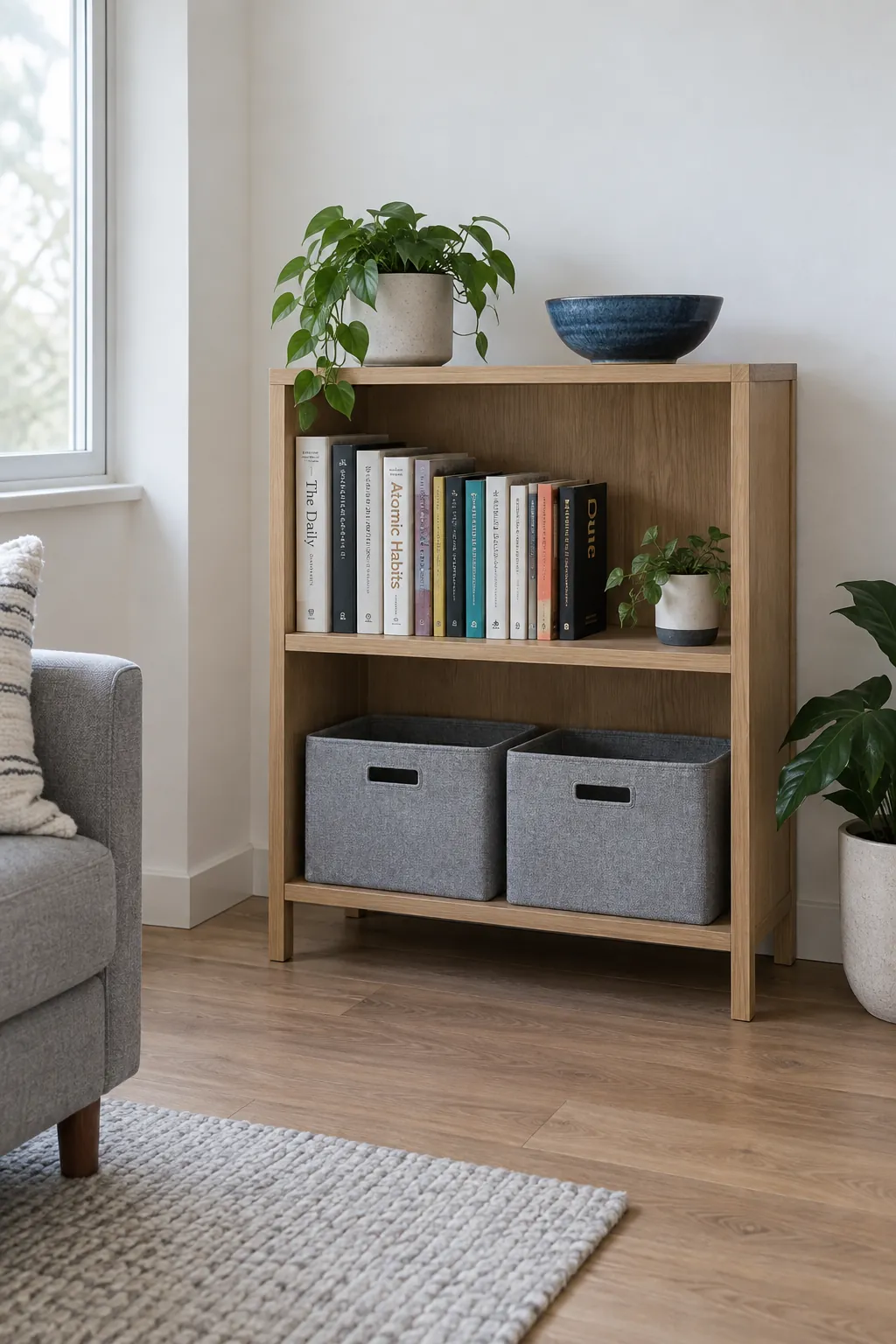 Home shelves arranged with accessible books, baskets, and open space