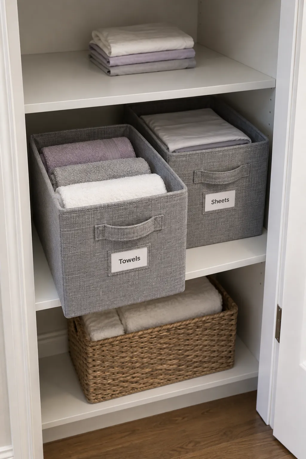 Linen closet bins with clear handles and simple category labels