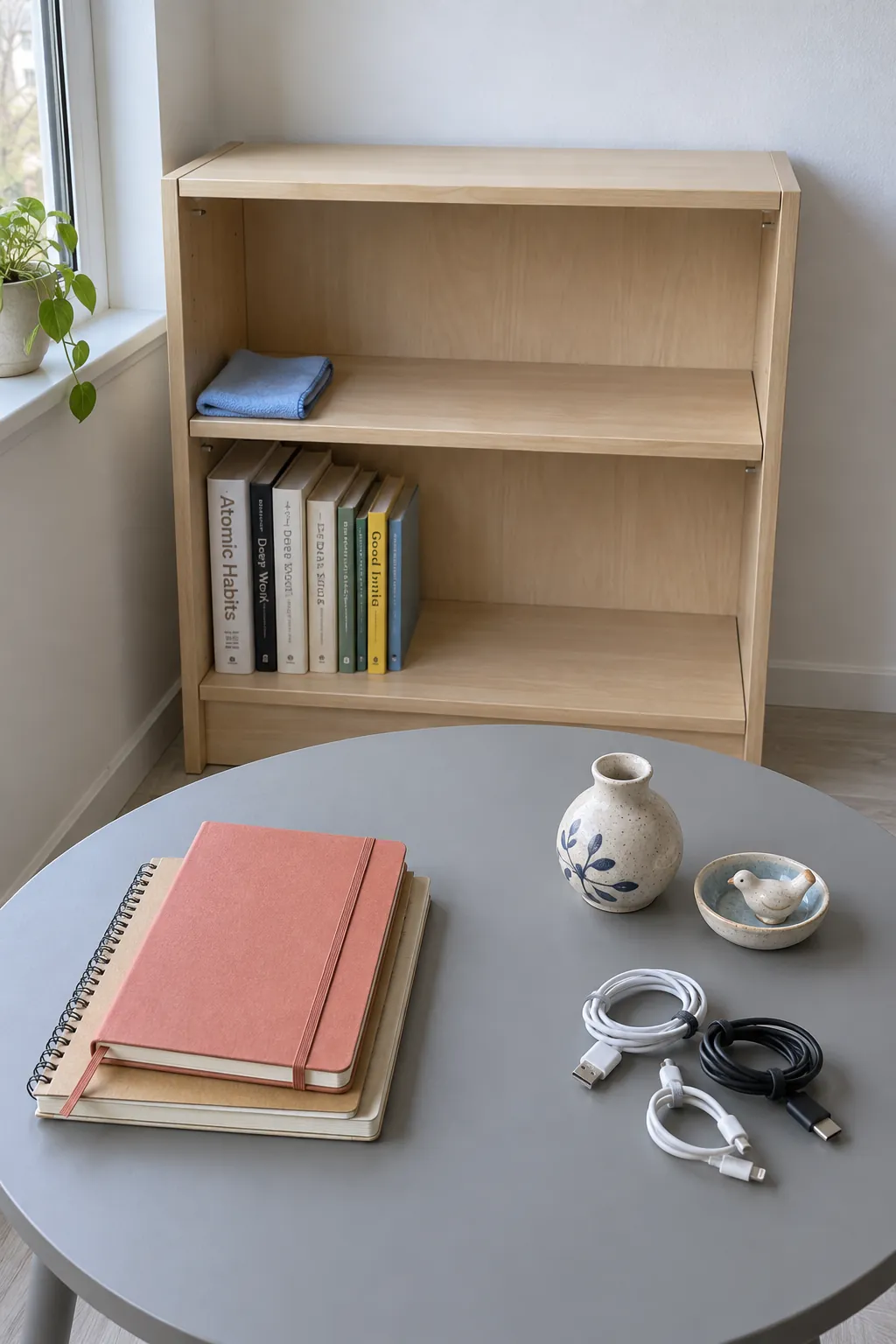 One cleared shelf beside a table of grouped household items