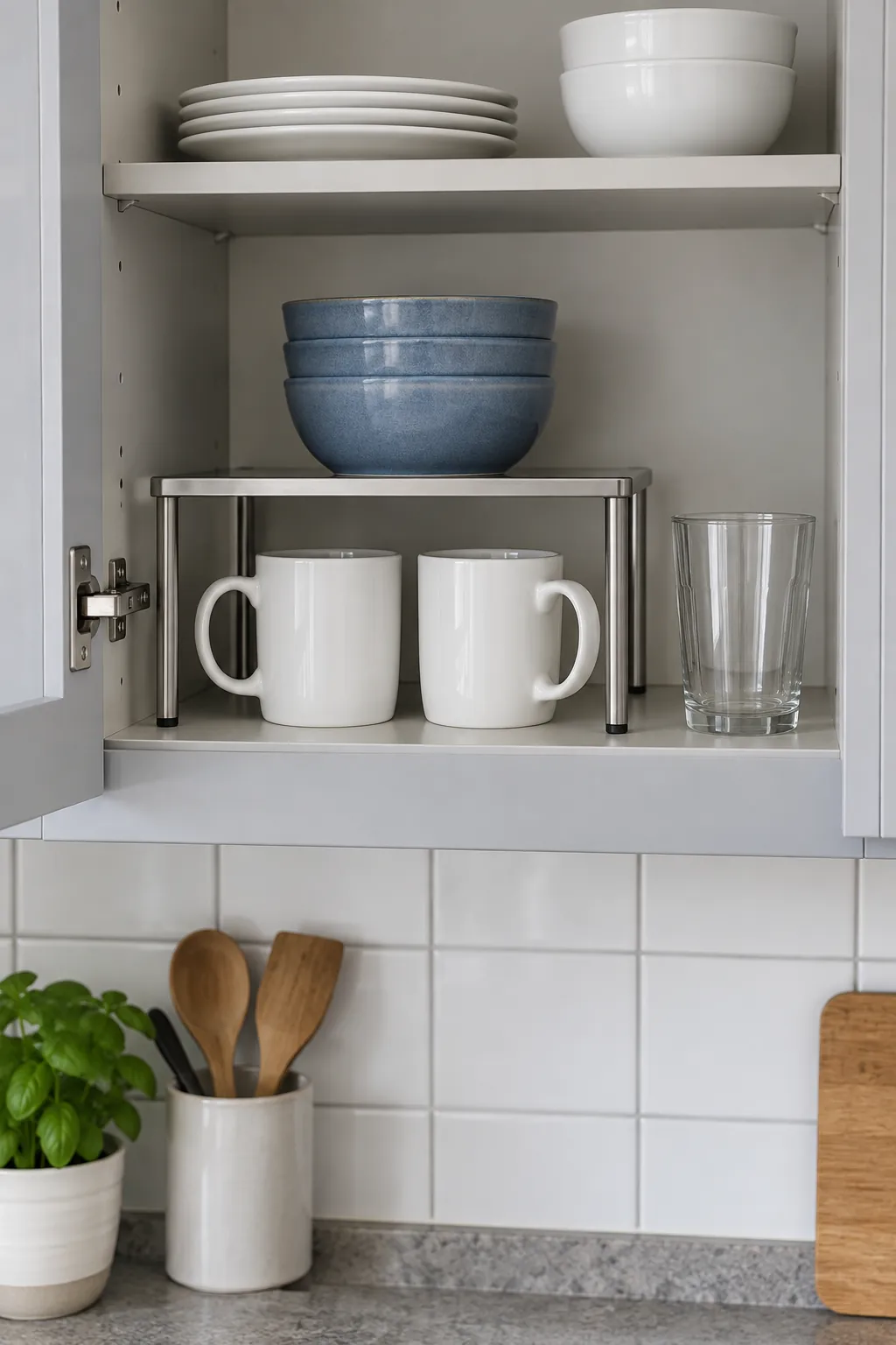 Stable shelf riser separating everyday mugs from small bowls