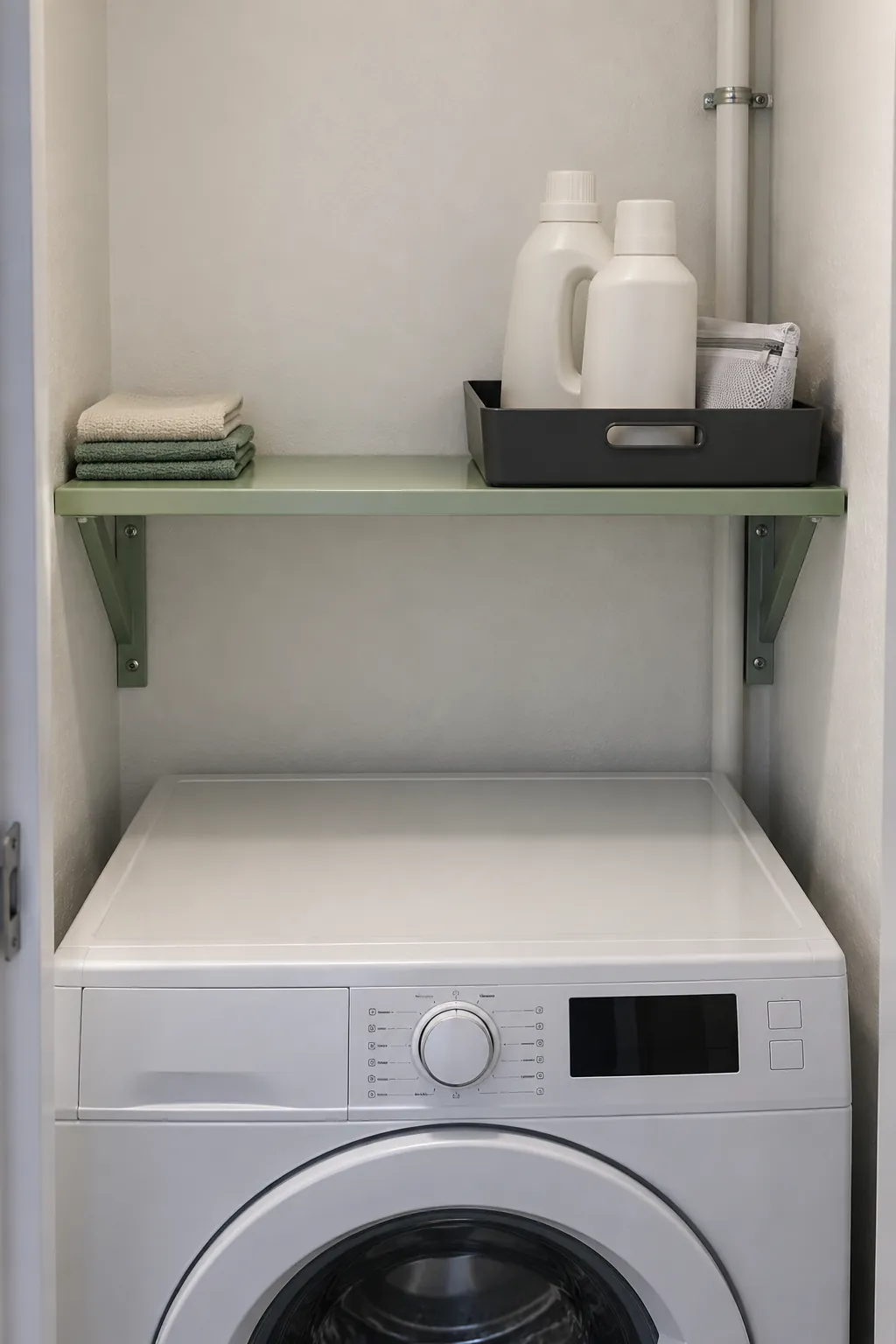 Utility shelf with an easy to return laundry supply tray