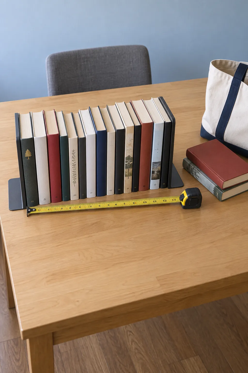 A small book collection gathered and measured on a dining table