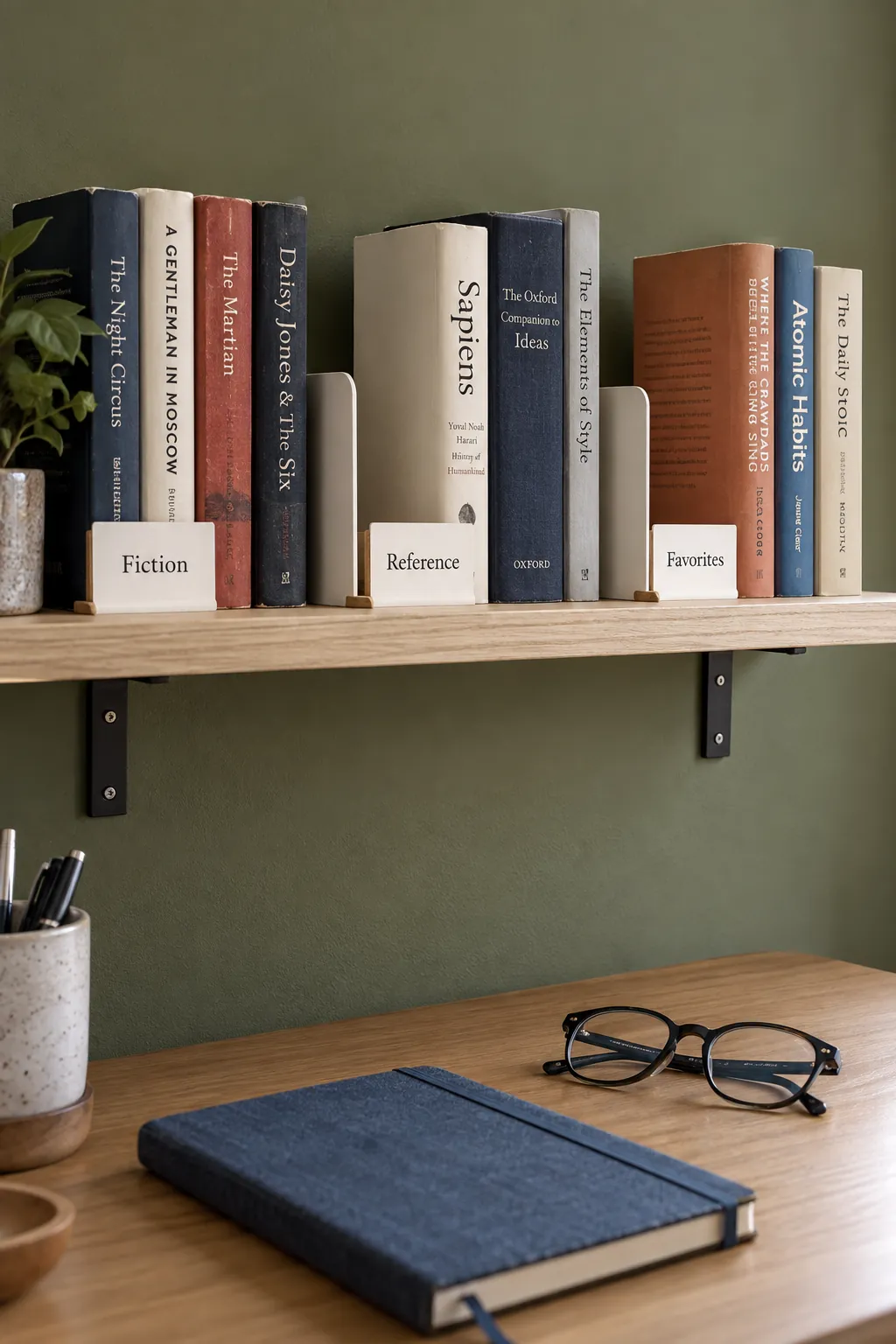 Books grouped into simple categories on a desk shelf