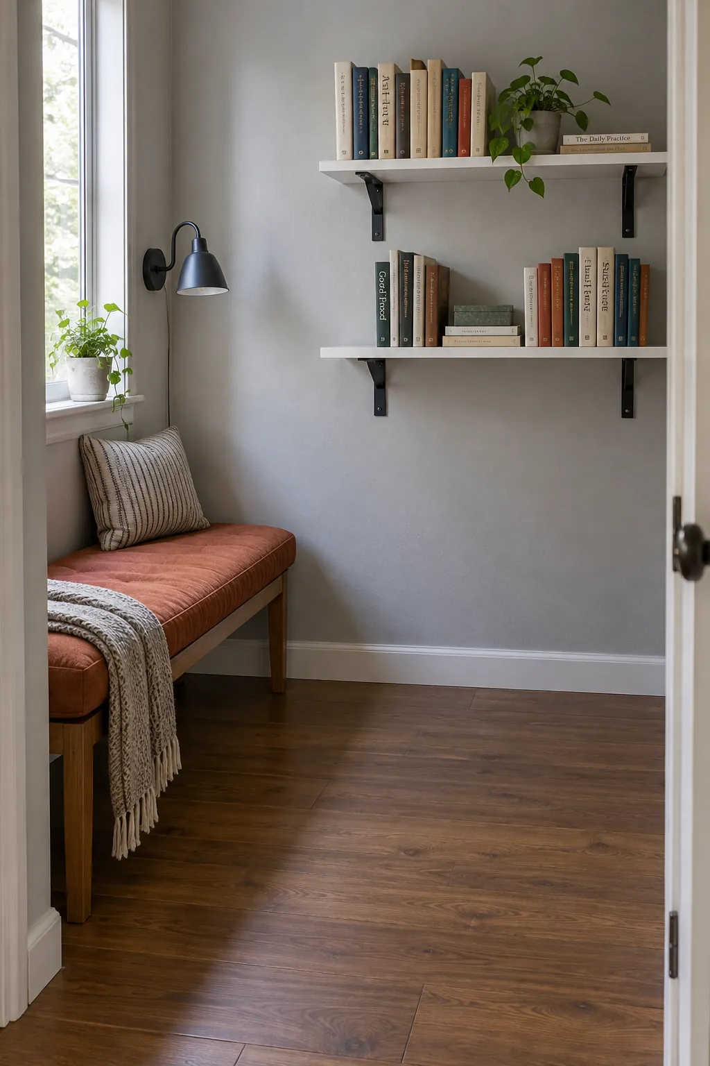 Supported wall shelves keeping a narrow reading nook floor clear