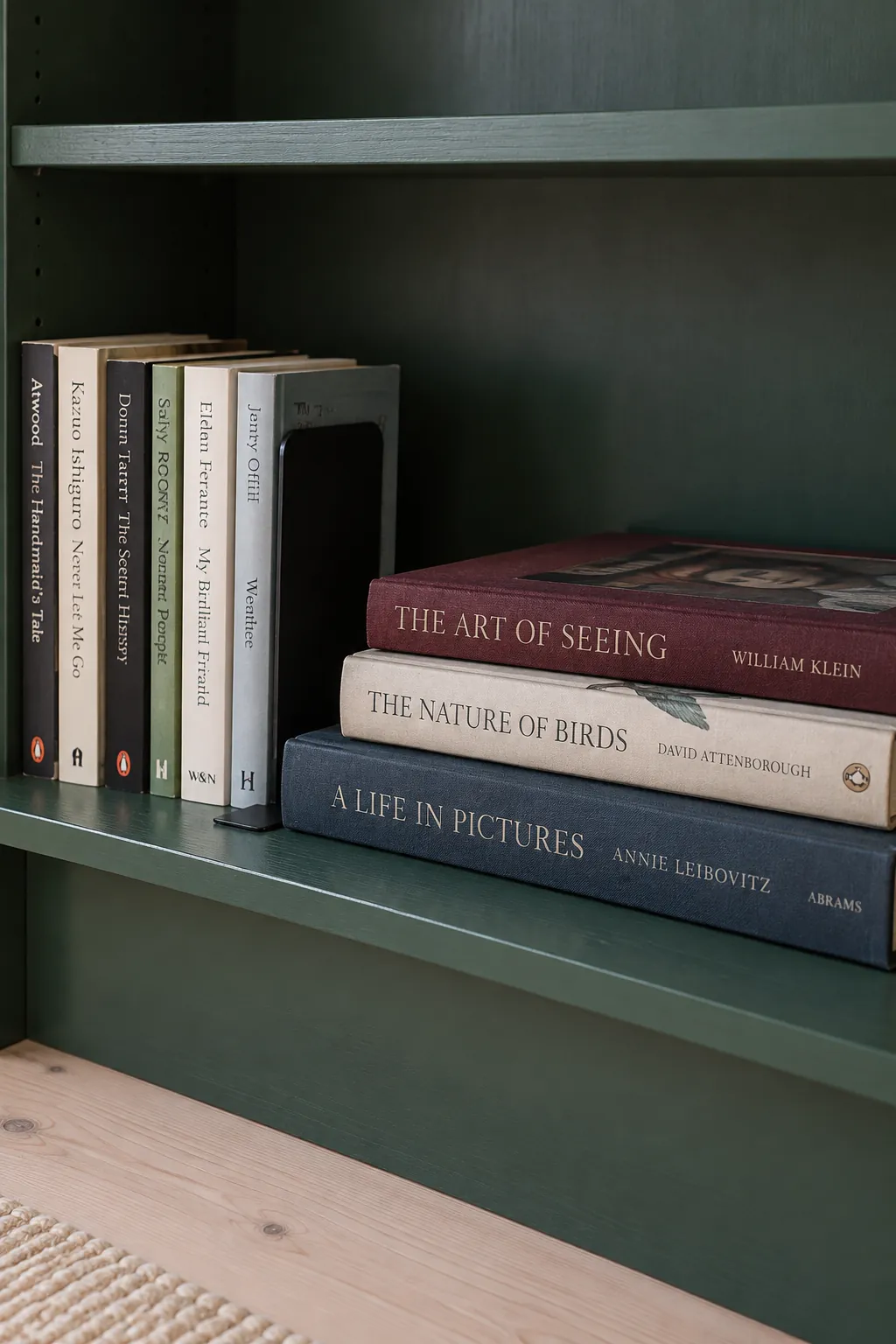Short upright book row beside a supported flat stack of large volumes
