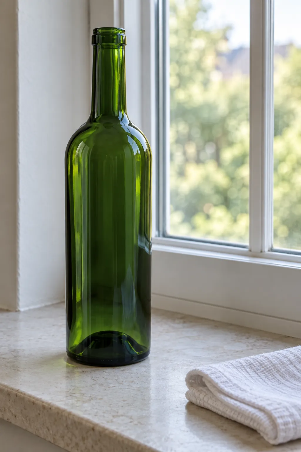 Dark green glass bottle showing lighter edges and a deep shaded centre