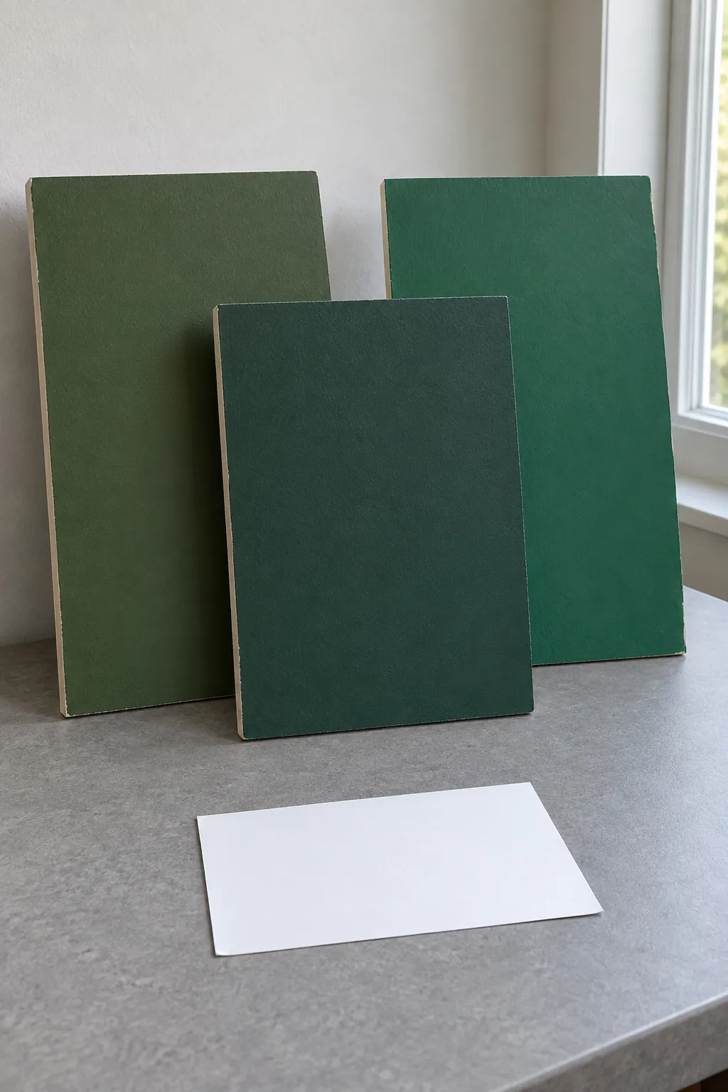 Three physical green paint samples compared in a neutral home workspace