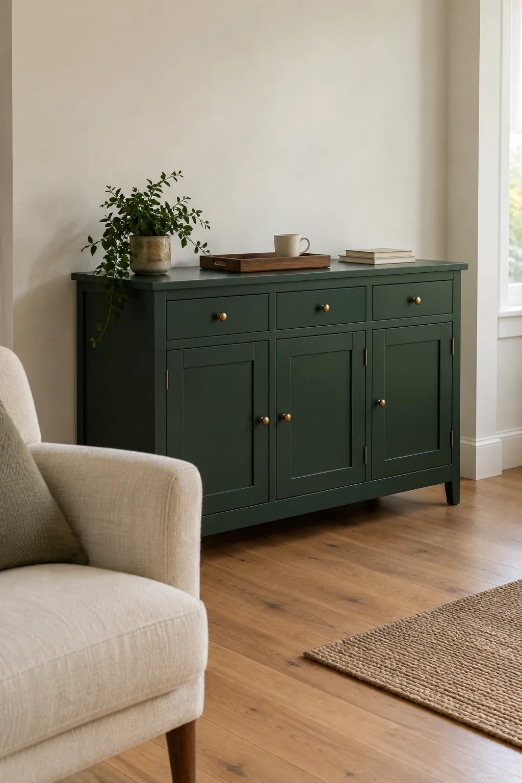 Bottle green sideboard with cream upholstery and natural timber
