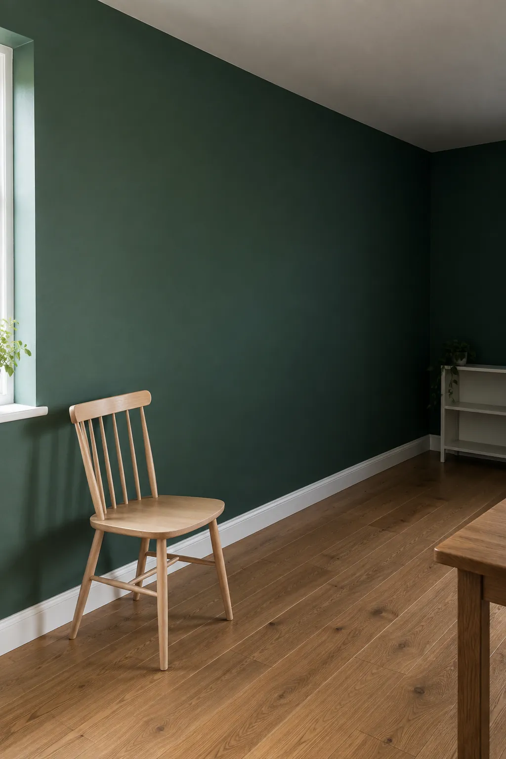 Bottle green wall with natural light fading into a shaded corner
