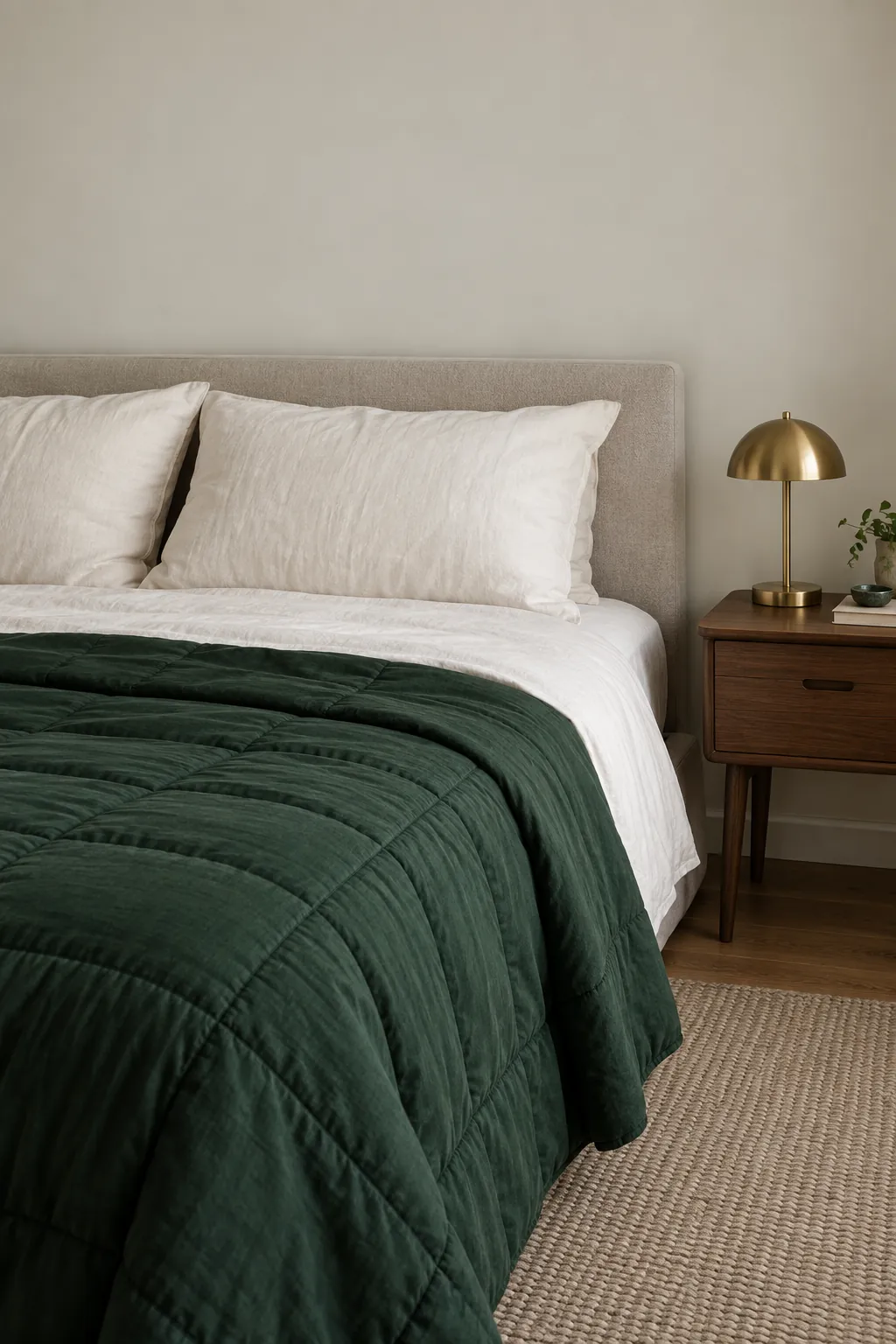 Bottle green bedding paired with ivory linen, walnut and a small brass lamp