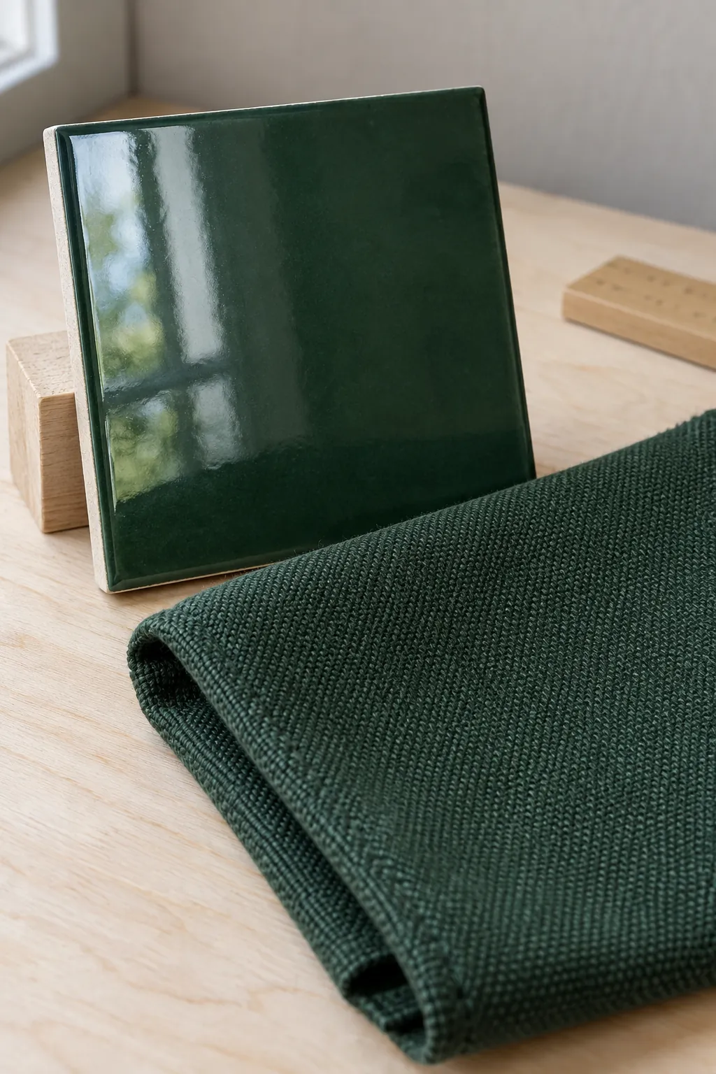 Bottle green glazed tile and matte textile showing different surface reflections