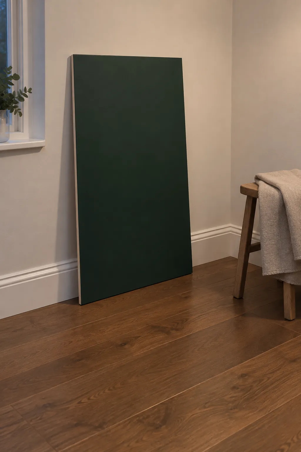 Large bottle green sample board tested upright near flooring and trim