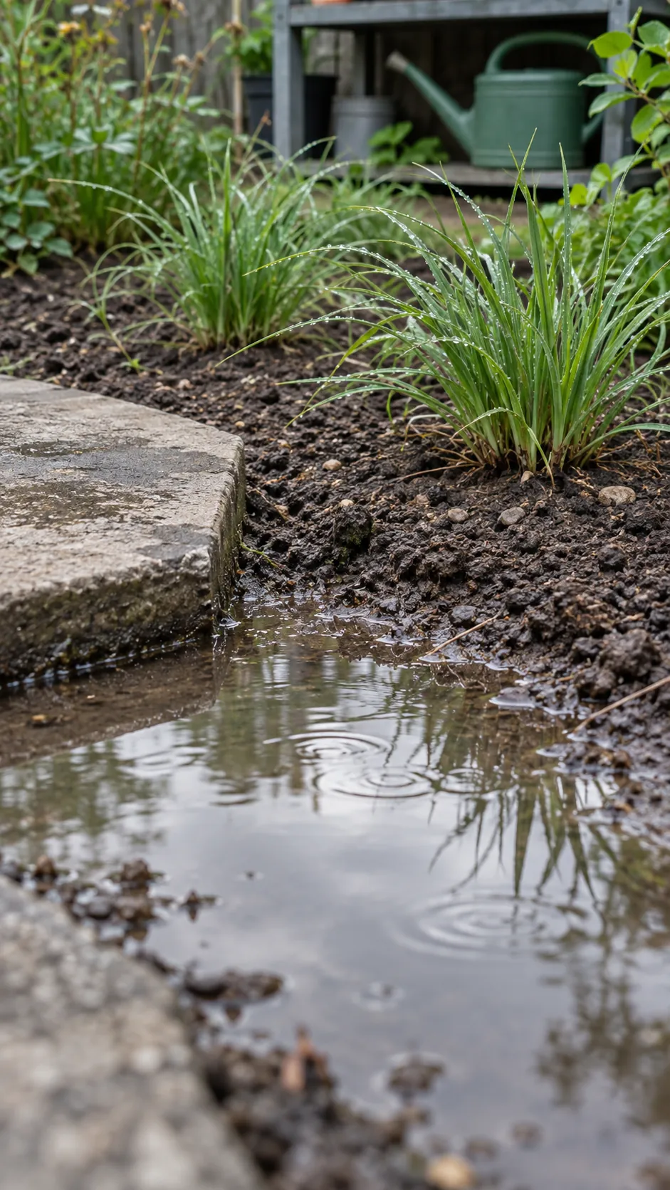 A shallow rain puddle beside a garden border with visibly draining higher ground