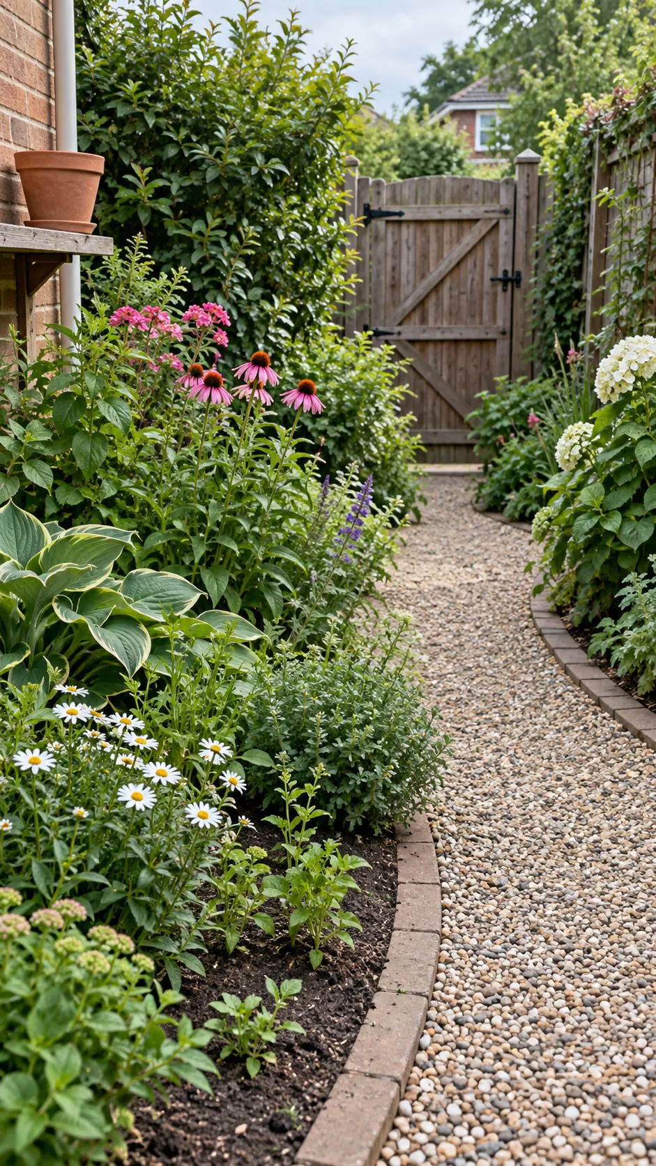 A manageable home garden with an open path and varied healthy plants
