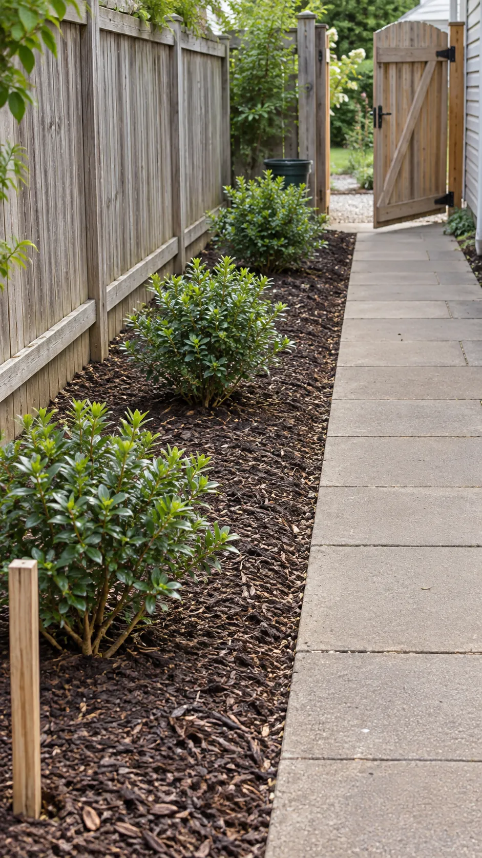 Young shrubs spaced generously beside an accessible garden path