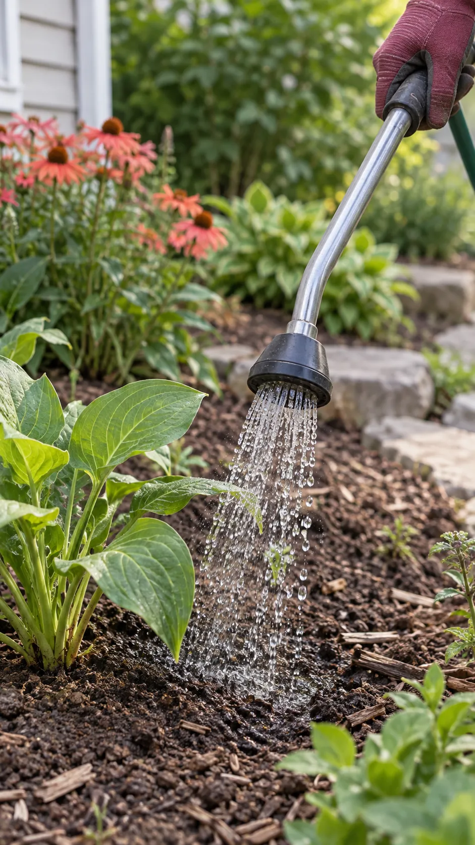 A watering wand directing a gentle stream onto the soil around a young plant