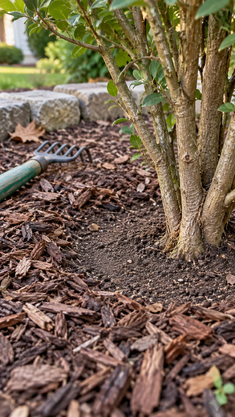A clearly exposed shrub base surrounded by mulch that stops short of the stems