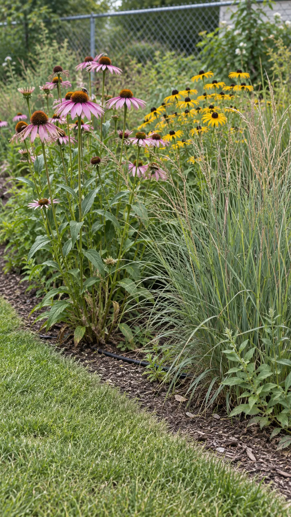 A small regional native planting beside a plain residential lawn