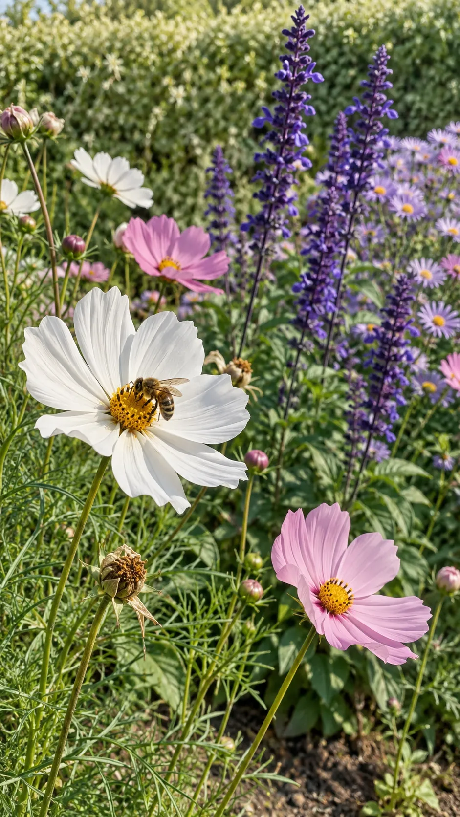 A sunny mixed flower border with different flower forms and a bee visiting an open bloom