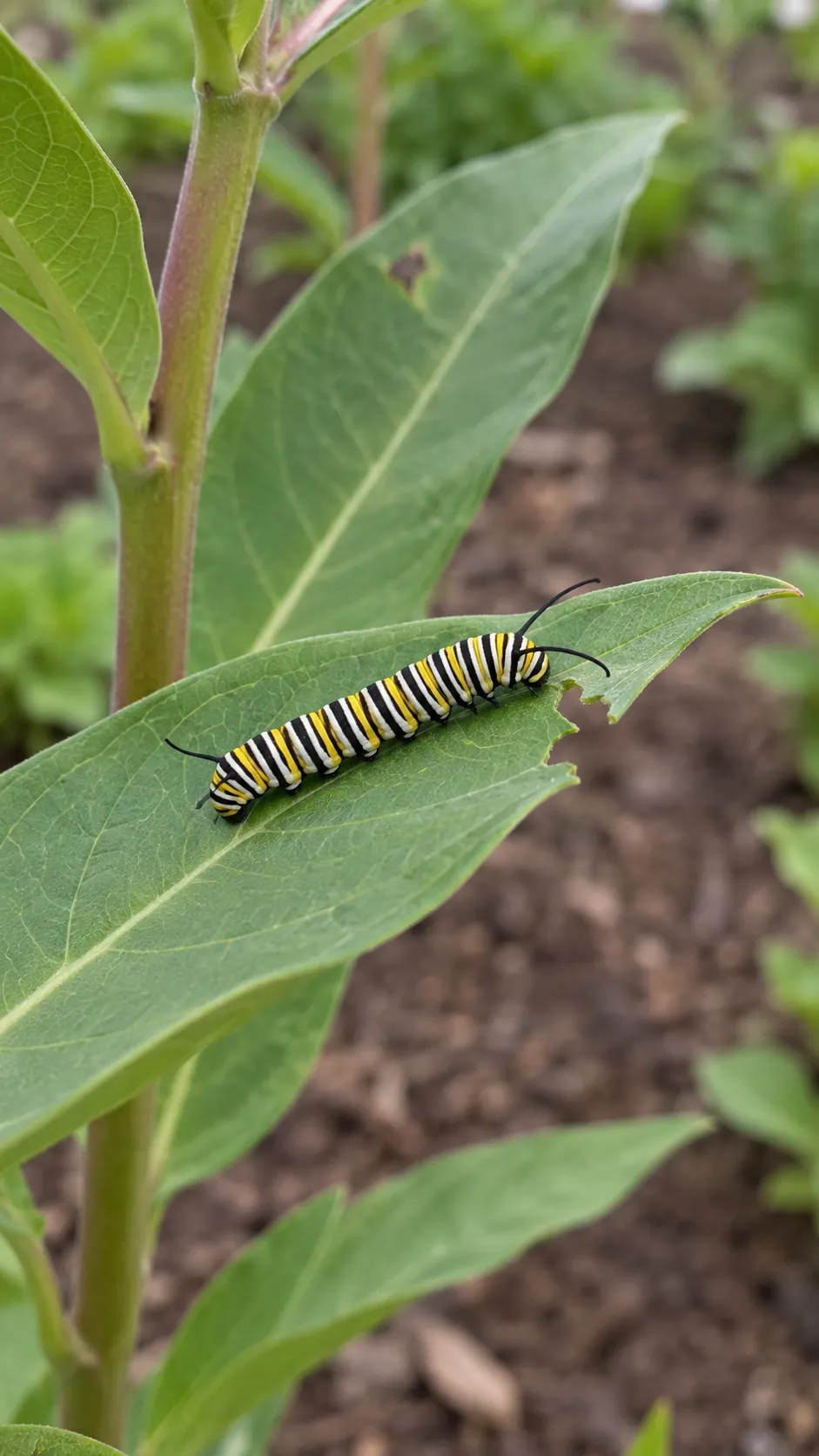 A small caterpillar feeding on a milkweed leaf in a home garden