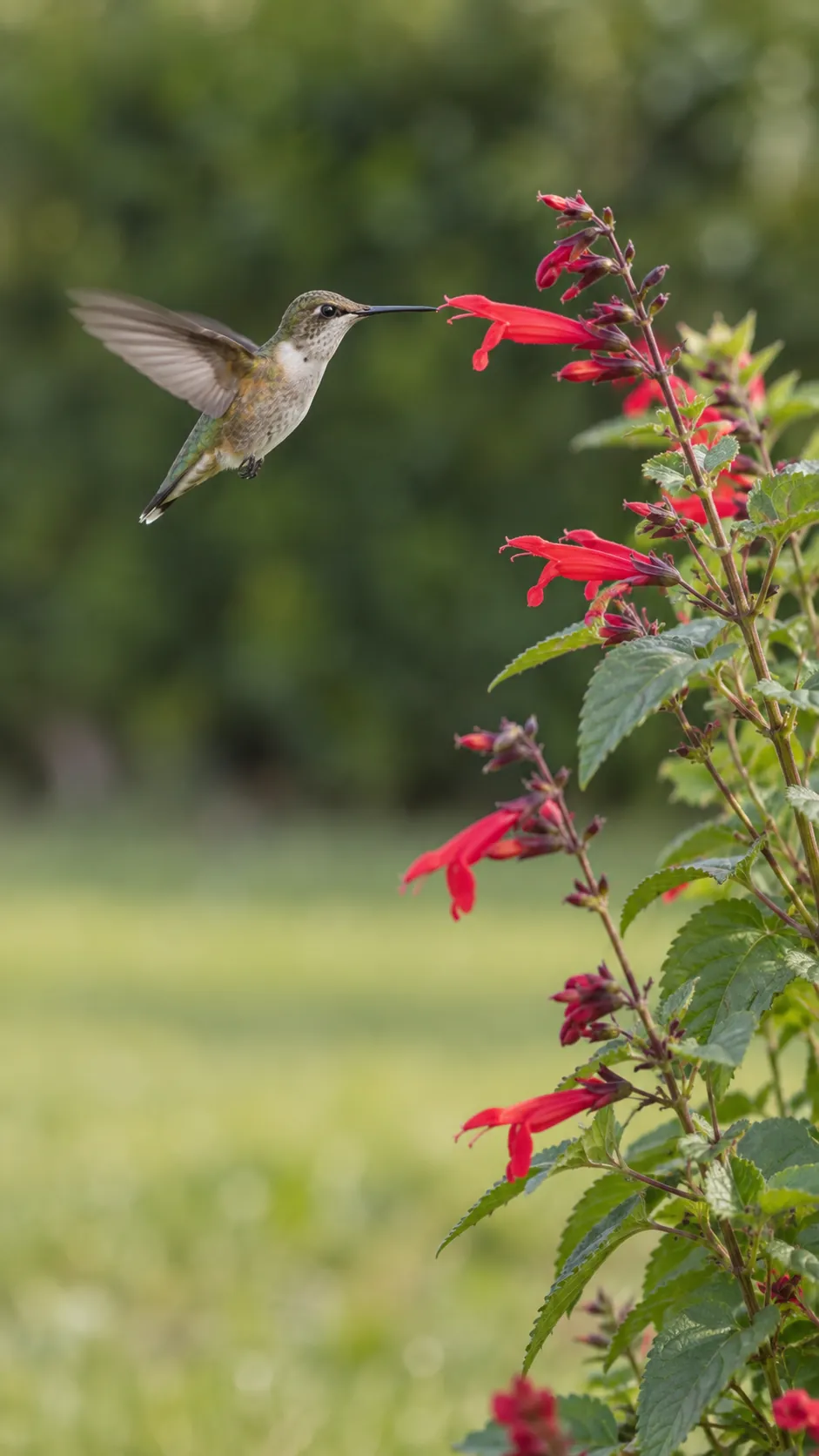 A hummingbird approaching red tubular salvia flowers beside open garden space