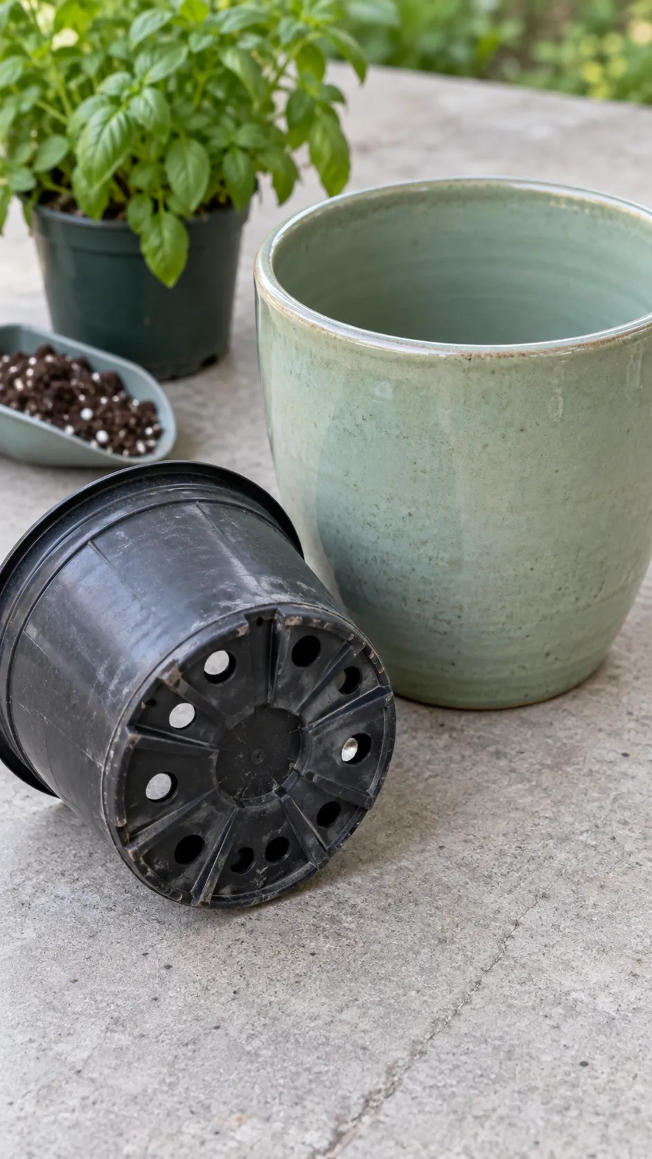 A nursery pot with visible drainage holes beside an empty decorative outer pot