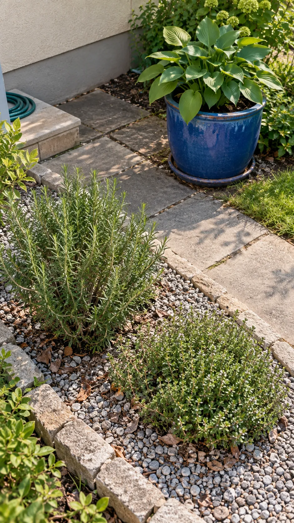 Separate planting zones for dry loving herbs and moisture loving foliage