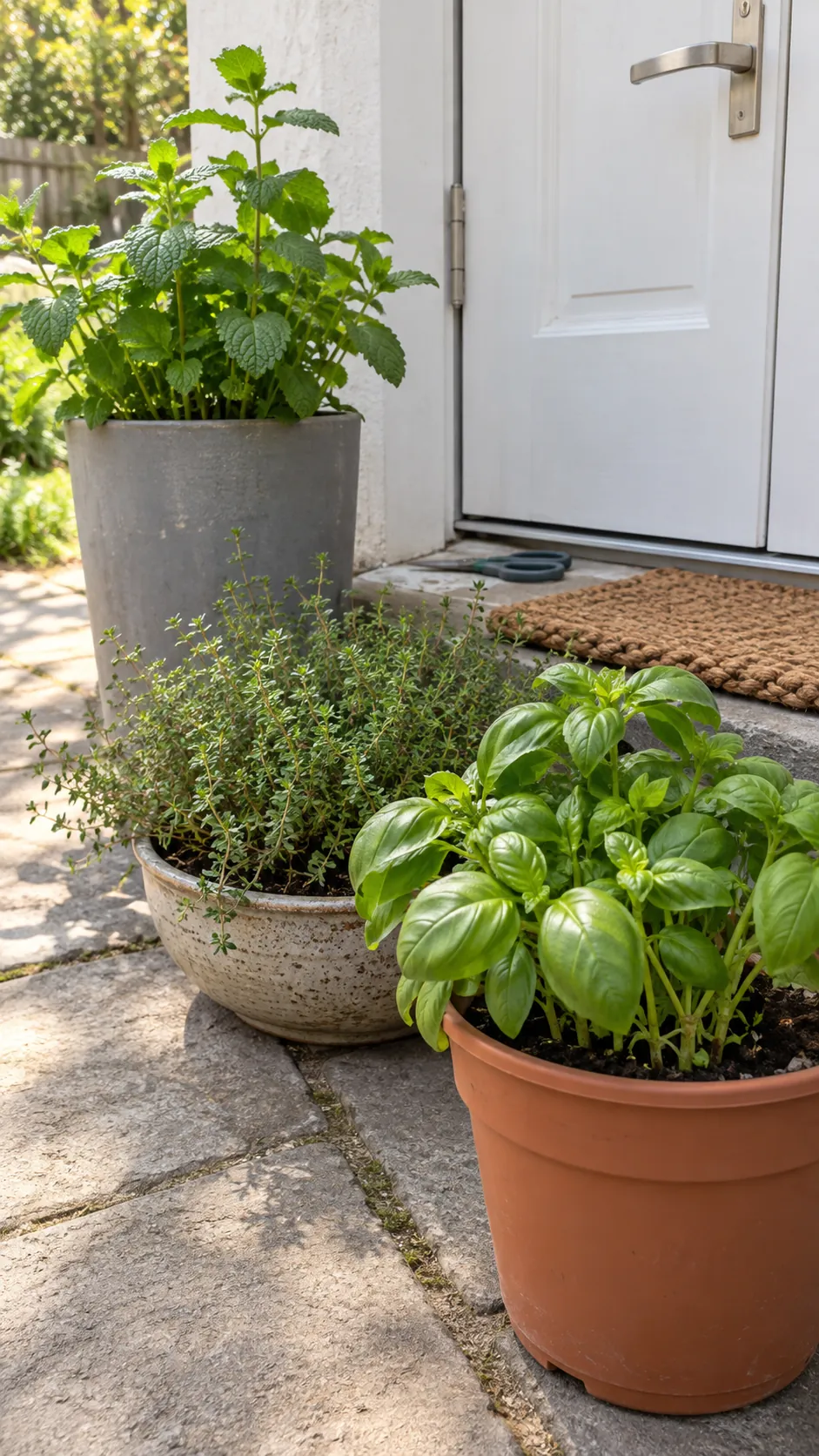 A small accessible grouping of kitchen herbs beside a back door