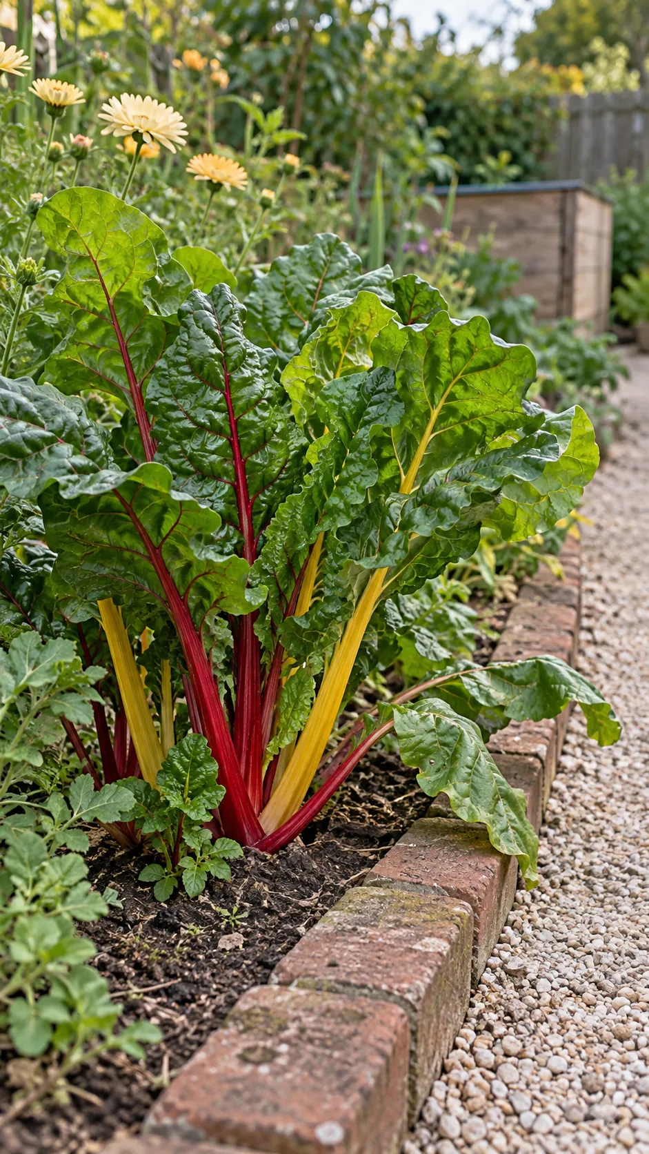 Colorful chard growing within an accessible ornamental border