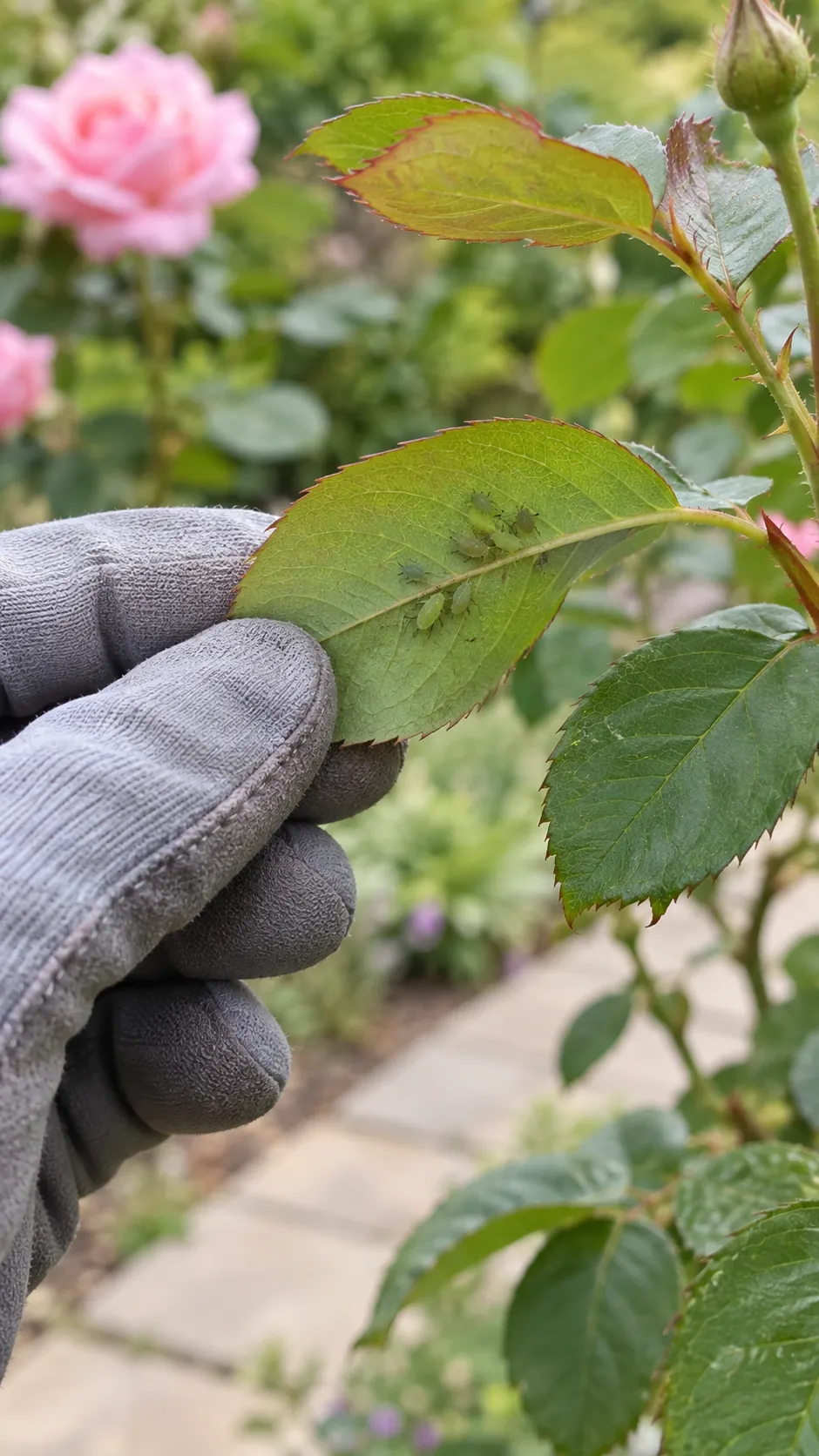 A gloved hand lifting one leaf to inspect a small aphid cluster underneath