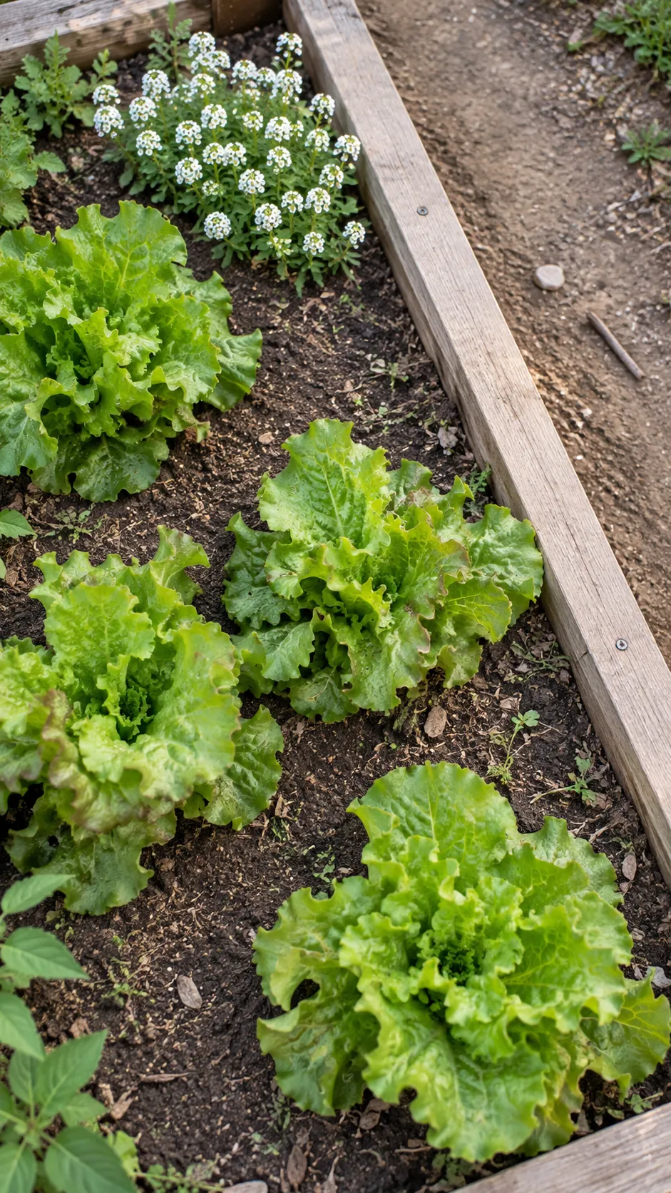 A modest mixed bed with separate lettuce and flower groups sharing adequate space