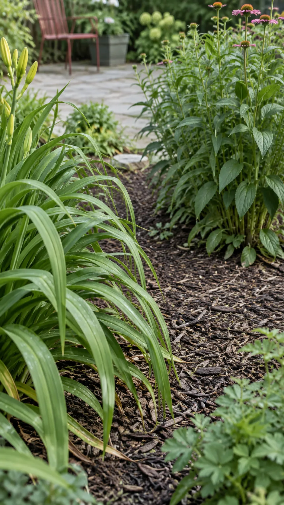 An open perennial border with clear space between mature plant clumps
