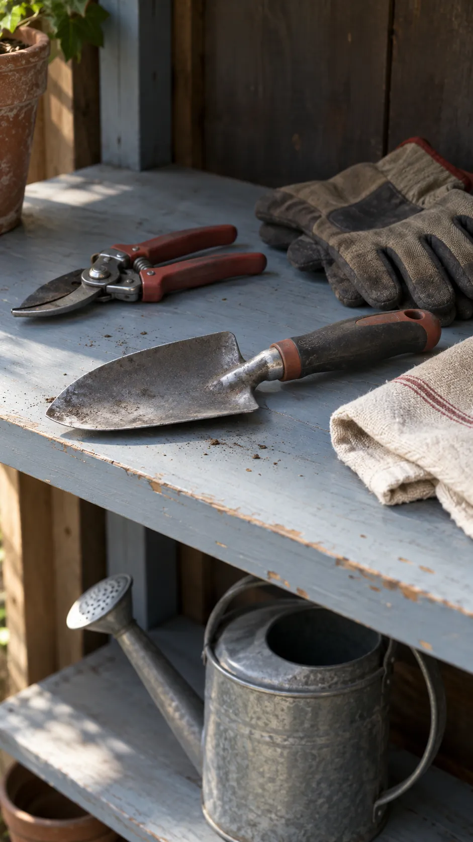 A small practical set of garden tools drying on a shelf