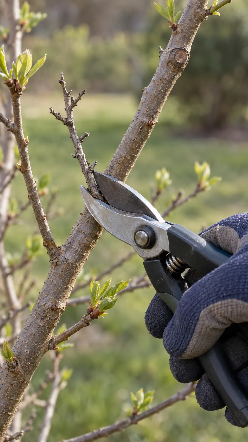 Clean pruning shears positioned at a small dead branch on a deciduous shrub