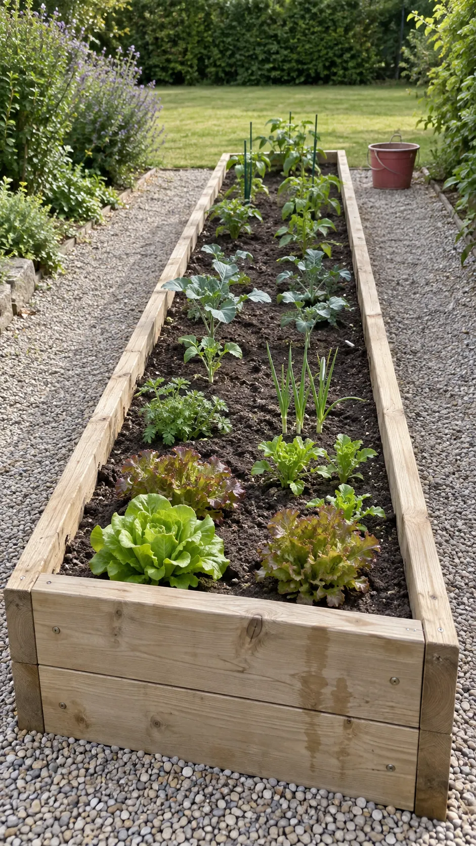 A narrow raised bed with clear paths on both sides