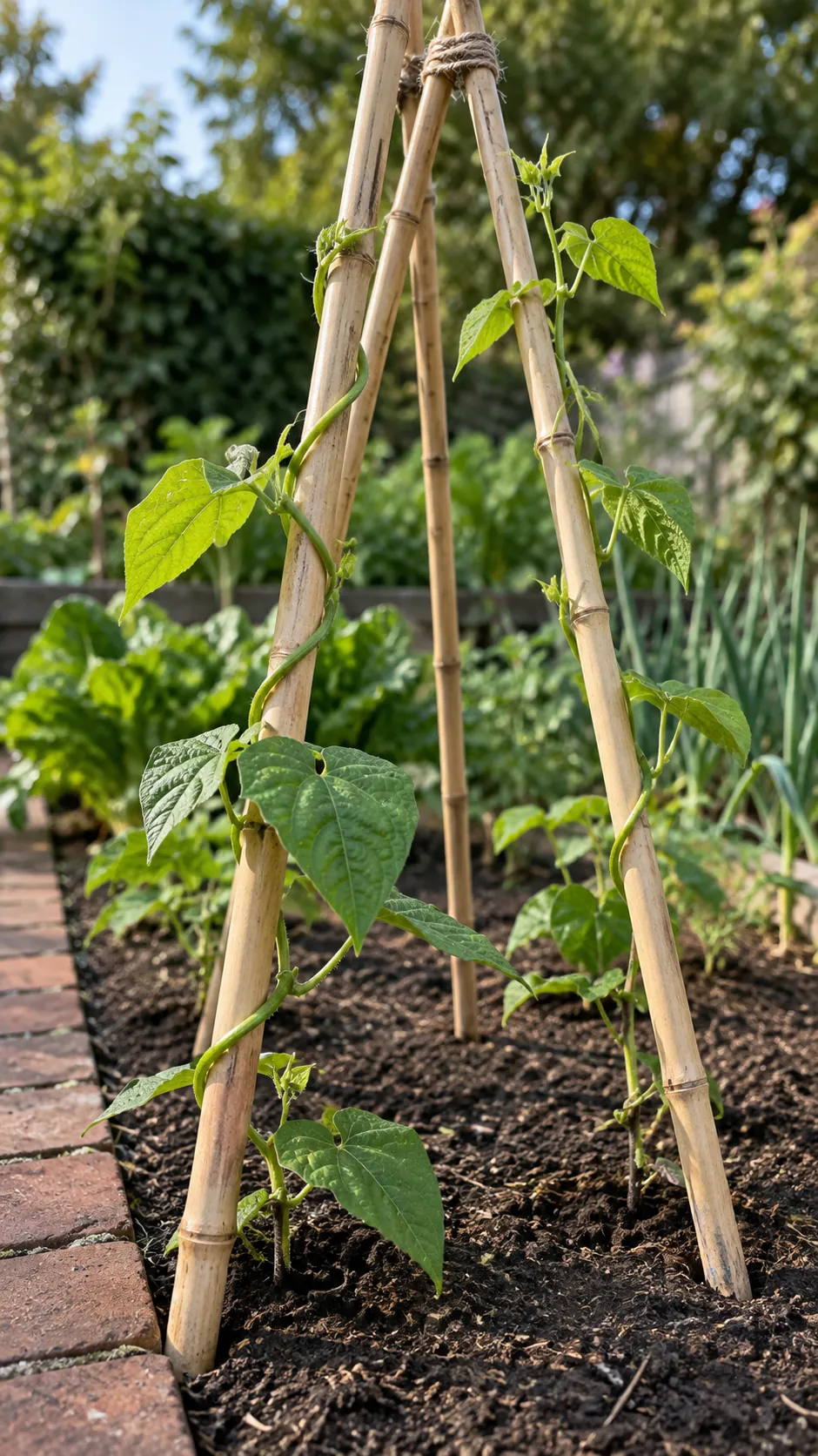Young climbing beans beginning to wrap around a sturdy simple trellis