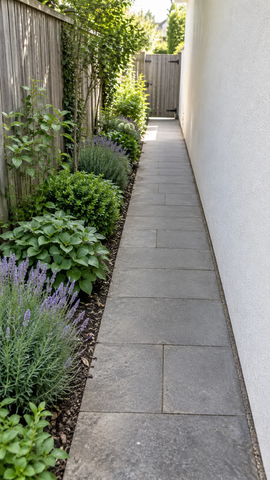 Compact planting beside a narrow but unobstructed side passage