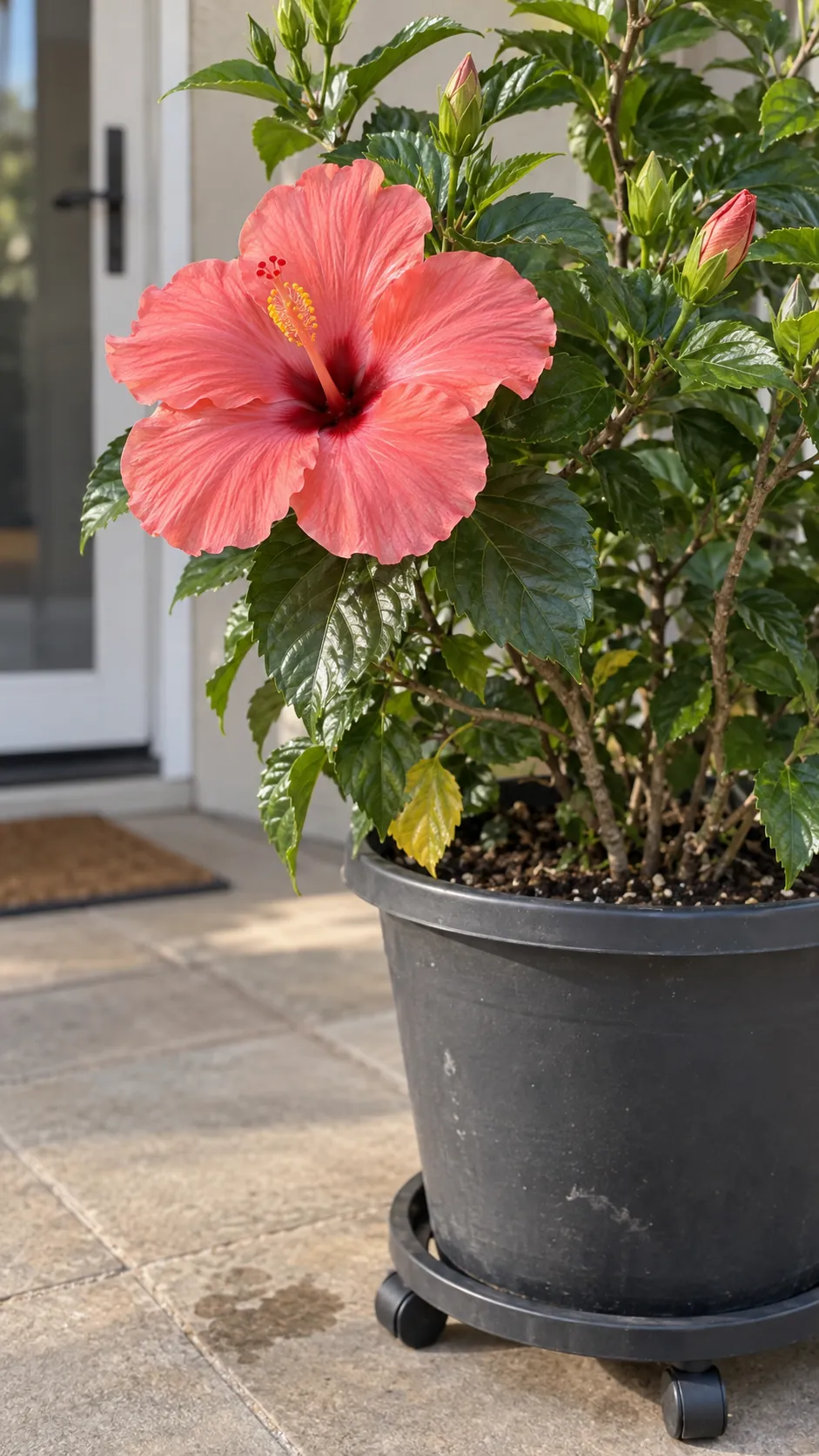 A tropical hibiscus bloom on a movable patio container plant