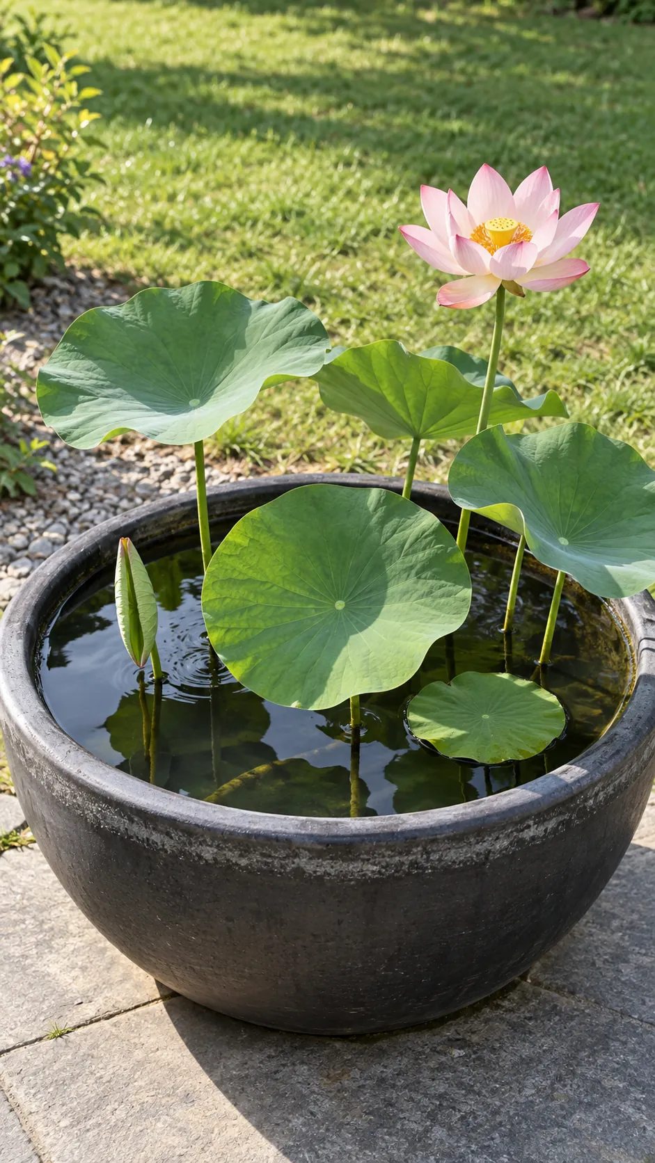 A small lotus growing in a broad outdoor water container