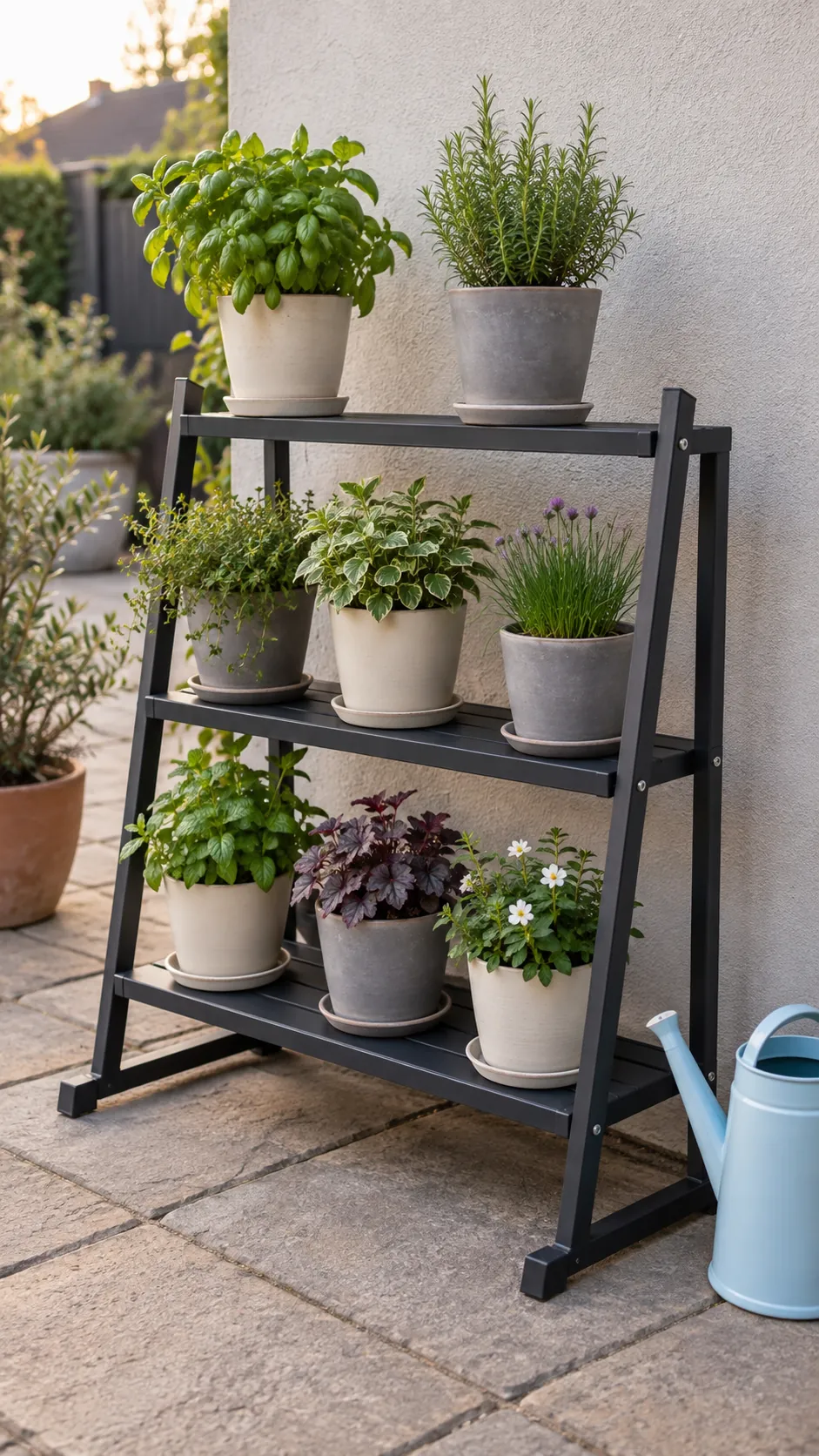 A low vertical planter frame with reachable individual containers