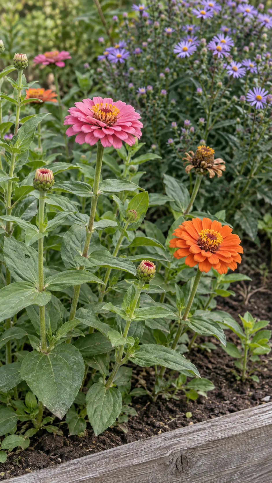 Zinnias with varied bloom stages in a small seasonal flower patch