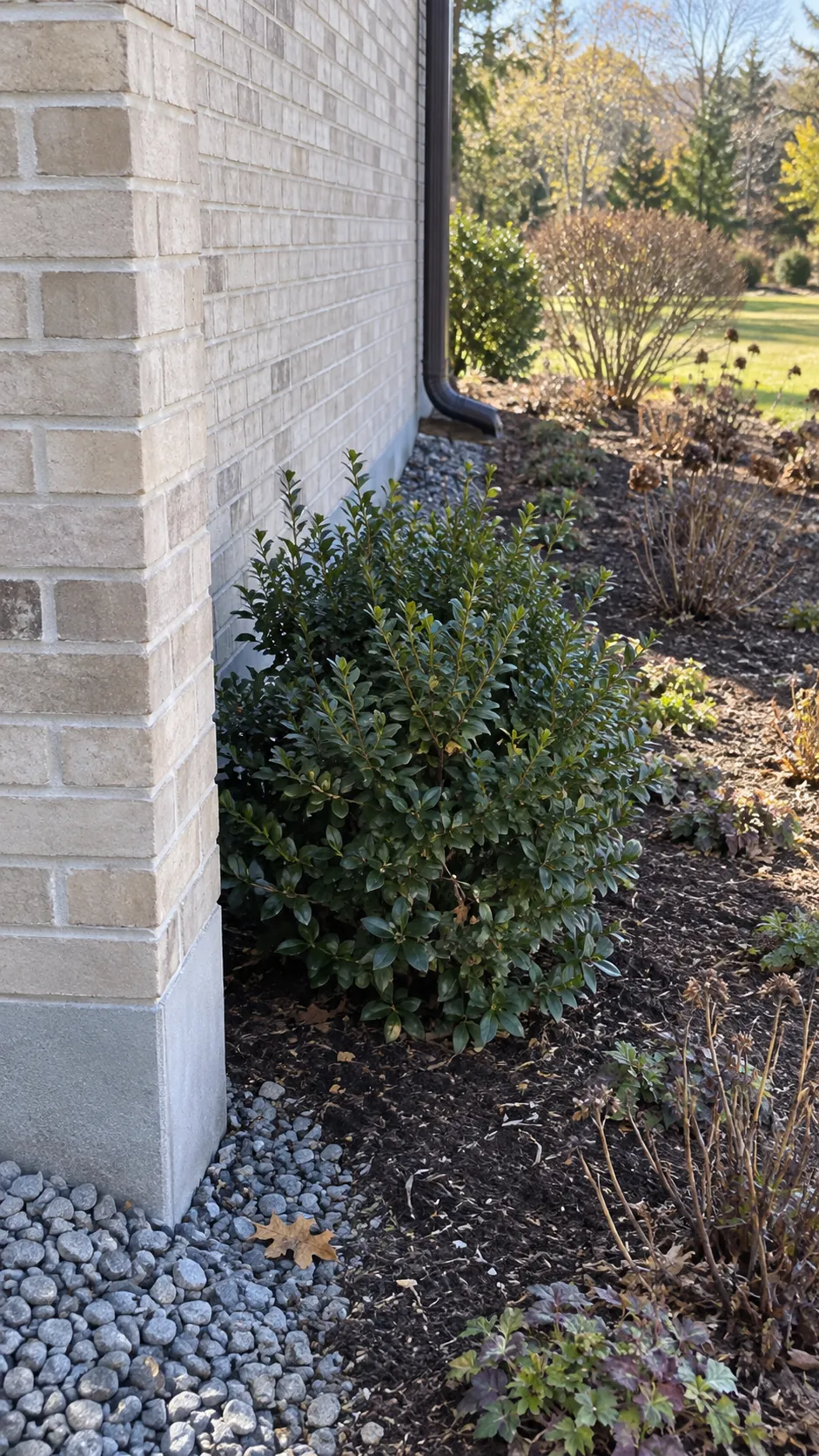 A sheltered planting nook beside a plain masonry house corner