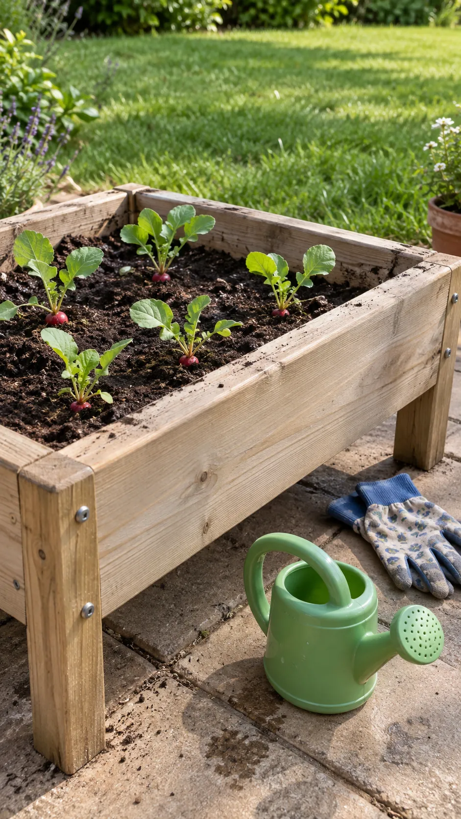 A small reachable planter with seedlings and a child sized watering can