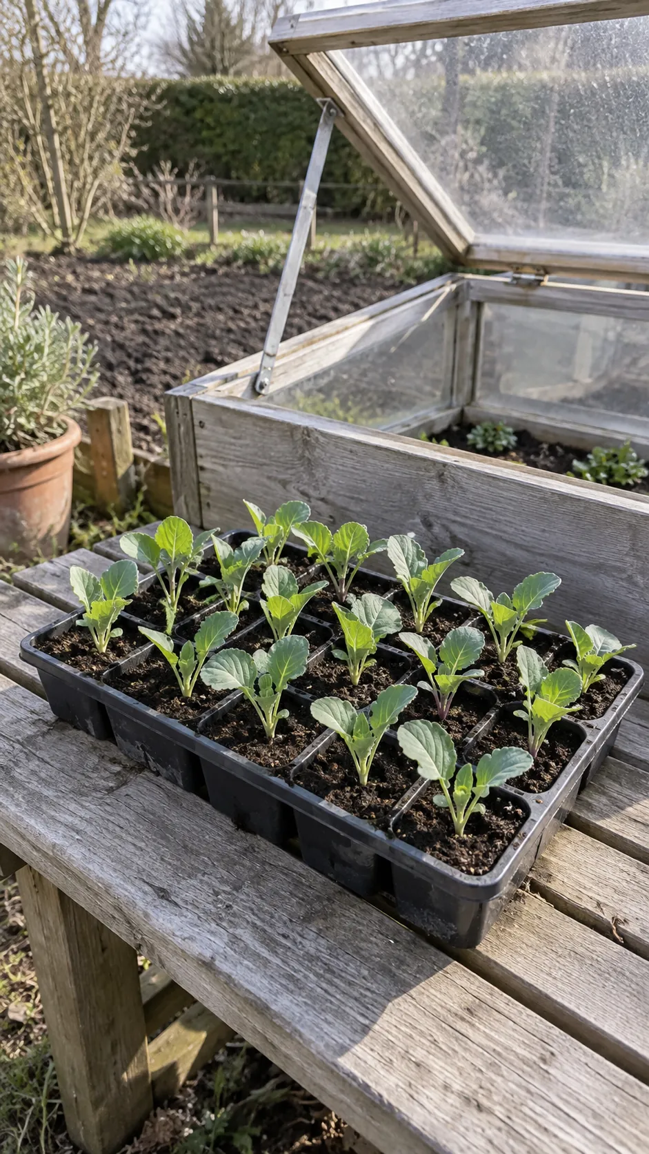 Young seedlings resting in a sheltered outdoor spot beside a cold frame