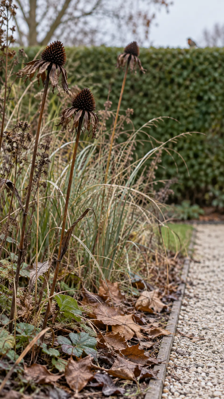 A tidy garden corner retaining seed heads and a small leaf litter area