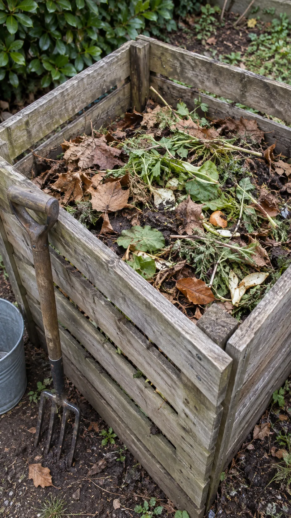 A modest compost bin with dry leaves and fresh plant scraps visible at the top